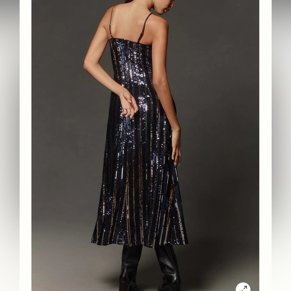 NWT Maeve Sequin Midi Slip Dress Vertical Stripe Navy Silver Black Size Small - Picture 2 of 12